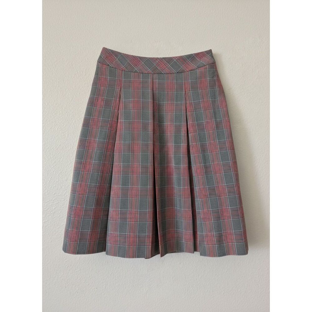 Brooks Brothers Petite Plaid Pleated A-Line Skirt Gray Red Knee Length